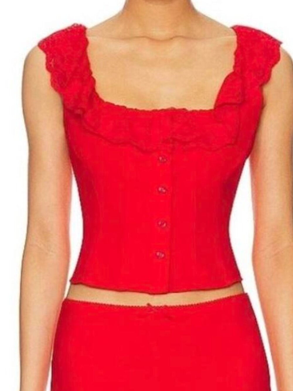 Danielle Guizio Paloma Lace Top XS Corset Tank Button Flutter Scoop Red Poppy - Picture 3 of 4